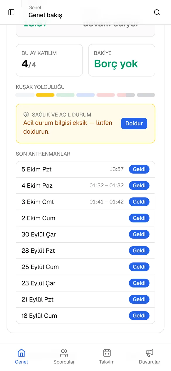 Veli panosunun alt kısmı: kuşak yolculuğu, sağlık ve acil durum formu, son antrenmanlar