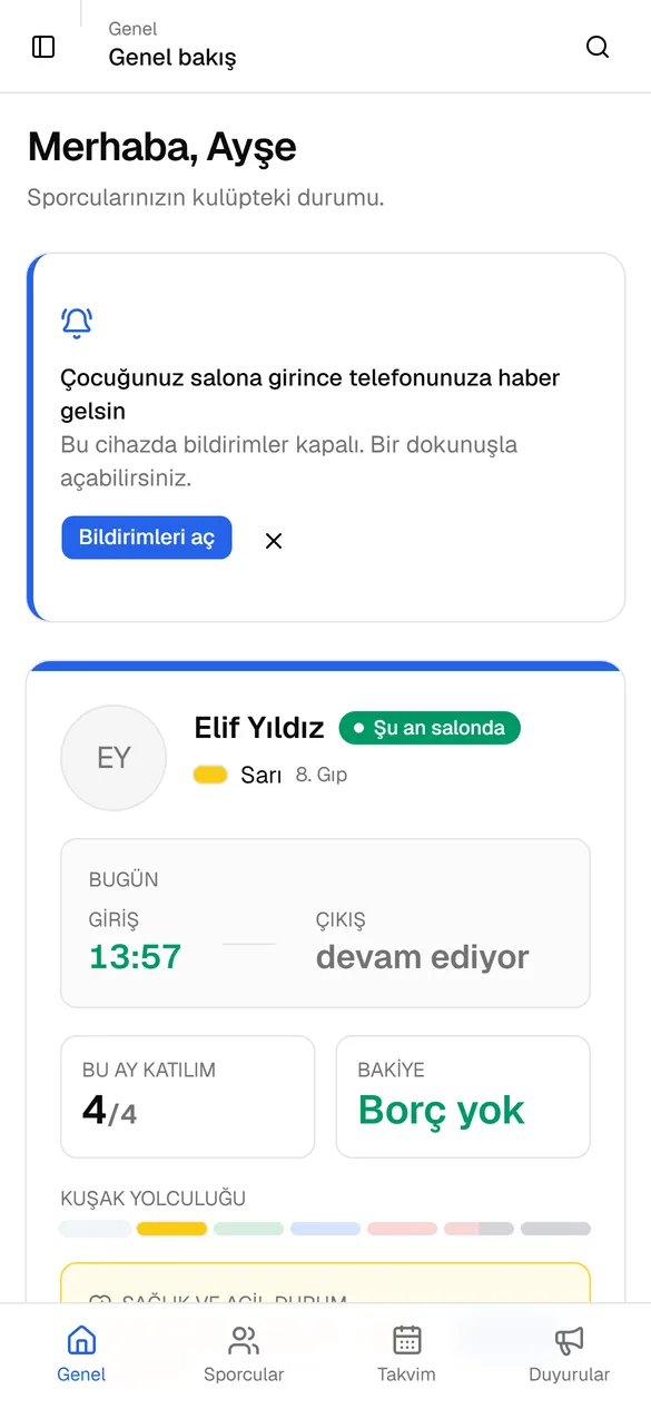 Veli panosu: bugünkü giriş saati, bu ay katılım ve bakiye