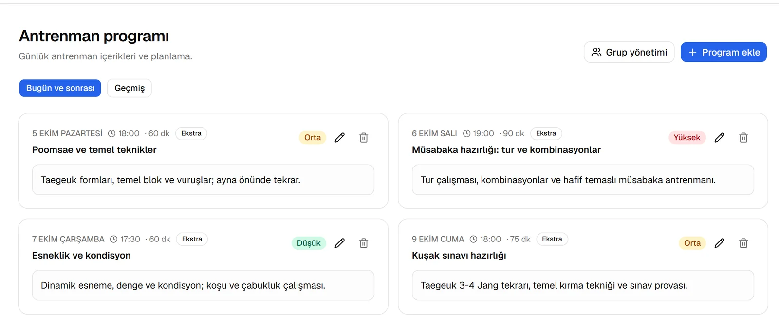Antrenman programı: günün antrenmanları, saat, süre, yoğunluk (düşük, orta, yüksek) ve içerik