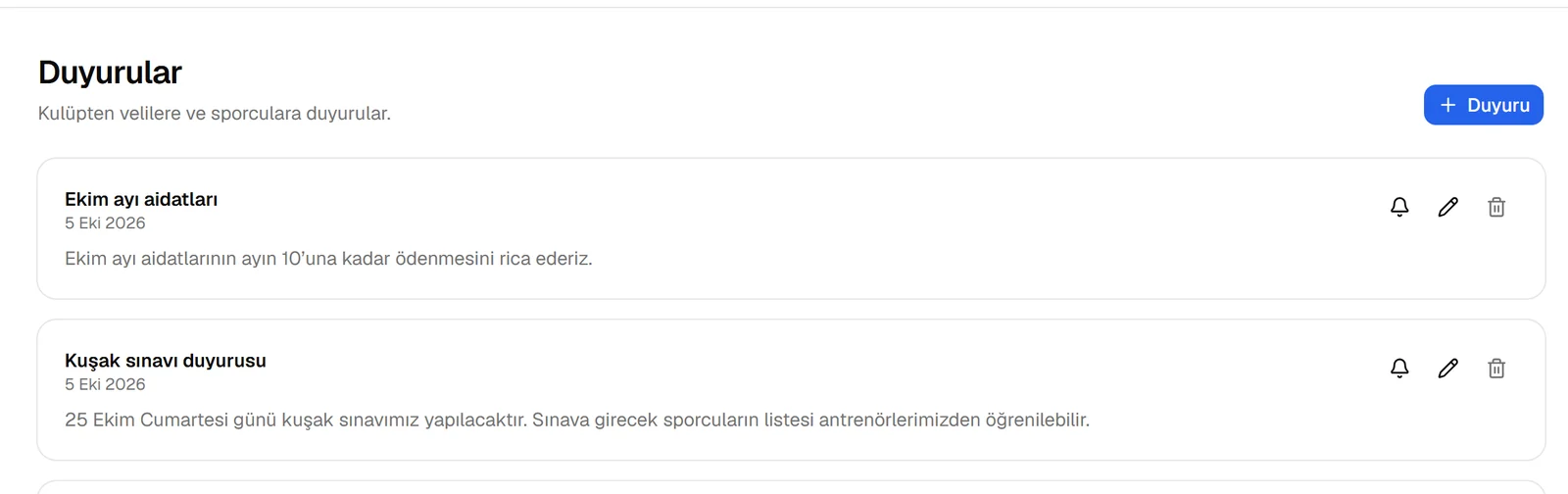 Duyurular listesi: başlık, tarih, mesaj ve bildirim gönder düğmesi