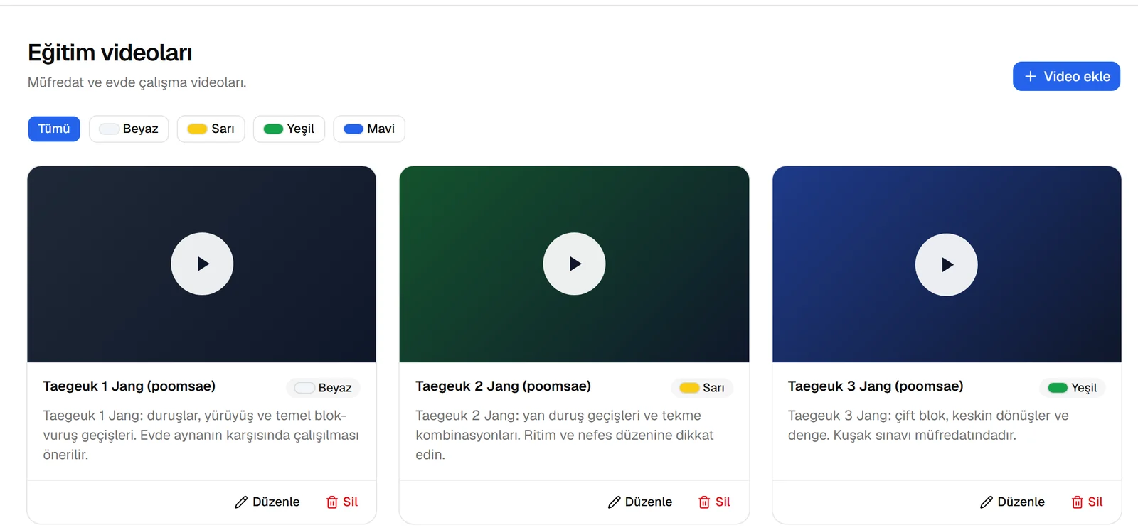 Eğitim videoları: Taegeuk 1-4 Jang poomsae, yan tekme tekniği ve ısınma videoları, kuşağa göre süzme düğmeleri