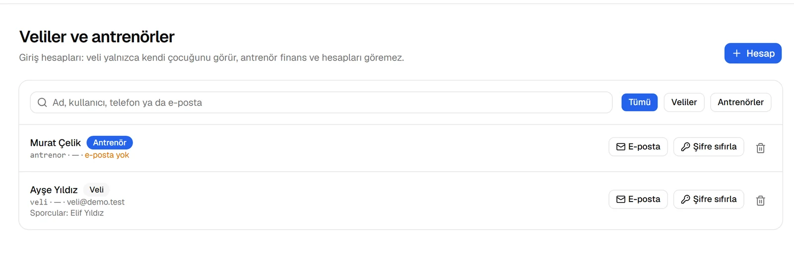 Veliler ve antrenörler ekranı: hesaplar, roller, e-posta ve şifre sıfırlama düğmeleri