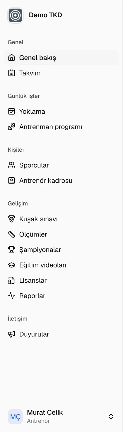 Antrenör hesabının sol menüsü: finans, mağaza ve hesaplar yok