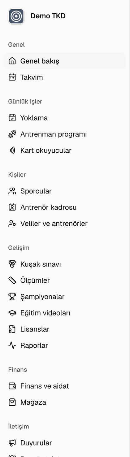 Yönetici hesabının sol menüsü: bütün bölümler